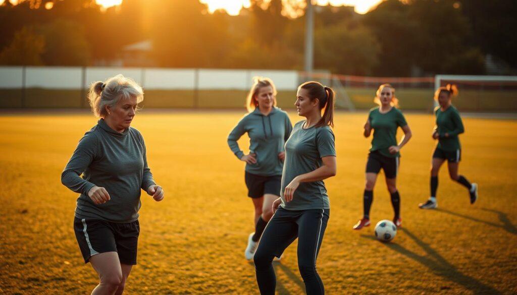 A diverse group of late starter female athletes training on a soccer field, focusing on their unique training methods. In the foreground, show a determined middle-aged woman practicing dribbling techniques, wearing modest athletic wear. In the middle ground, capture a coach giving constructive feedback to a different athlete as she practices her passing skills, with an encouraging expression. In the background, feature a serene sunset that casts warm, golden light across the field, creating a hopeful atmosphere. The scene should emphasize empowerment and growth, conveying the message that dedication can lead to professional success regardless of age. Use a soft focus lens to enhance the emotional impact of the moment.