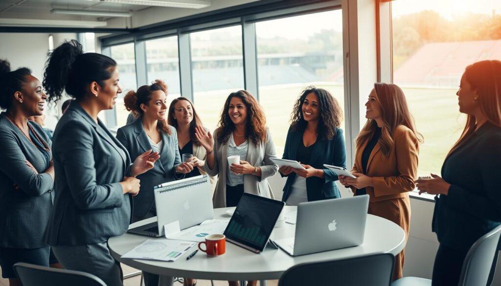 A diverse group of women of varying ethnicities engaged in a lively networking event focused on sports leadership, standing confidently in a modern conference room filled with natural light. In the foreground, a woman in a professional suit is passionately discussing ideas with her peers, while another woman in business casual attire takes notes on her tablet. The middle ground features a round table with laptops, charts, and coffee cups, emphasizing collaboration and professional growth. In the background, large windows reveal a view of a soccer field, symbolizing the sports context. The atmosphere is dynamic and empowering, infused with a sense of camaraderie and ambition, captured with soft, warm lighting and a slightly elevated angle to showcase interaction.