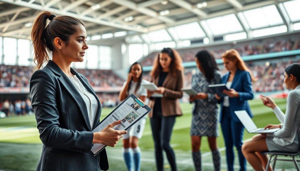 A dynamic scene depicting the transition of a female soccer athlete into various off-field roles within the soccer industry. In the foreground, a confident woman in professional business attire stands, holding a clipboard and engaging with young athletes in a mentoring session. The middle ground features a diverse group of women engaging in sports marketing discussions, analyzing digital media on laptops, and showcasing sports management in a modern office setting. The background highlights a stadium filled with cheering fans. The atmosphere feels energetic yet professional, with bright, natural lighting illuminating the setting. A wide-angle perspective captures the vibrancy of the soccer industry, emphasizing the diverse career opportunities available beyond playing on the field.