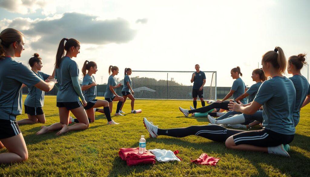 A professional women's soccer team engages in a recovery session on a grassy field after practice. In the foreground, a diverse group of players in modest athletic wear performs stretching exercises, some using foam rollers. In the middle ground, a trainer demonstrates proper post-workout hydration techniques with bottles and sports towels nearby. The background showcases a bright sky with soft clouds and a soccer goal, adding depth to the scene. The lighting is natural and soft, capturing the late afternoon sun that casts gentle shadows on the players. The overall mood is focused and supportive, emphasizing teamwork and wellness in injury prevention and recovery approaches.
