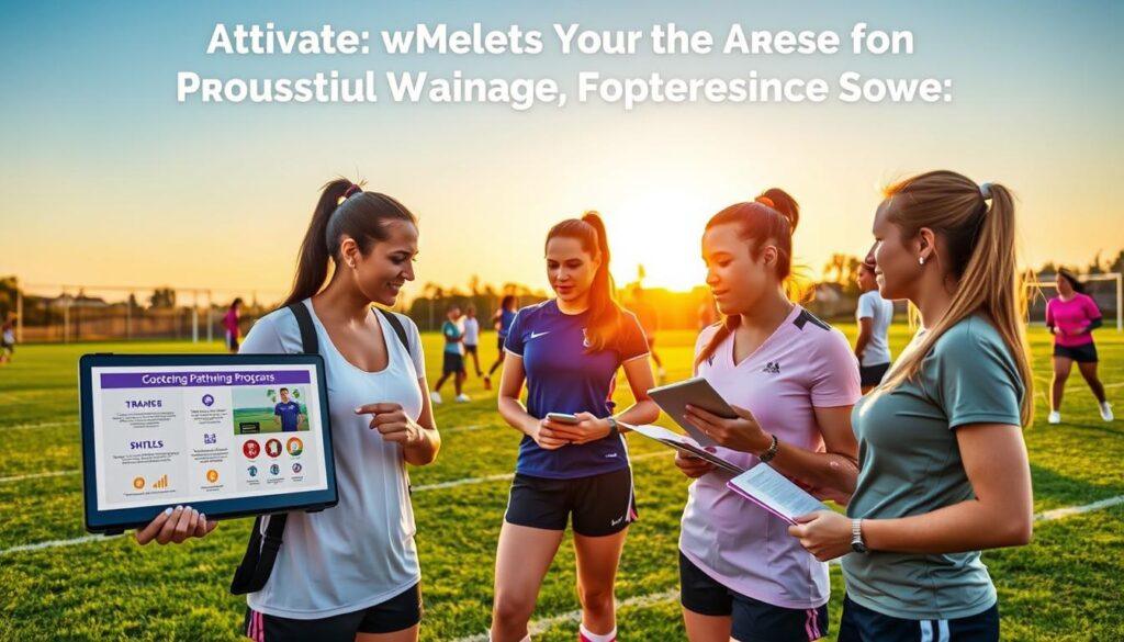 A vibrant scene depicting a diverse group of women athletes in active engagement, representing alternative pathways to professional soccer. In the foreground, two women are discussing opportunities, one pointing to a laptop displaying training programs while the other takes notes, both dressed in professional sports attire. The middle ground features a small group of women in a training session, practicing drills under the supervision of a qualified coach. The background showcases a soccer field with a sunset casting warm golden light, creating a hopeful atmosphere. The image captures a sense of community, ambition, and empowerment, highlighting the theme of alternative routes to professional women’s soccer, with dynamic angles to convey movement and enthusiasm.