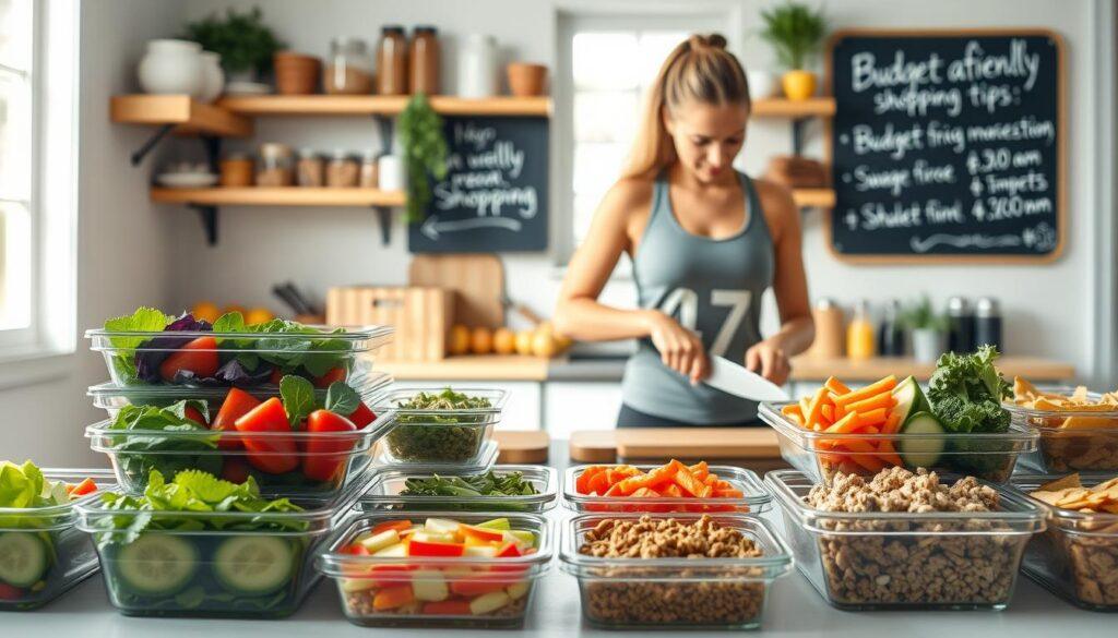 A well-organized athlete meal prep scene in a cozy, brightly lit kitchen designed for a female football team. In the foreground, a selection of colorful, nutritious meals is neatly arranged in glass meal prep containers, showcasing vibrant vegetables, lean proteins, and whole grains. The middle ground features a team member, dressed in modest athletic wear, skillfully chopping vegetables on a wooden cutting board, exuding focus and determination. In the background, kitchen shelves are stocked with pantry essentials and a chalkboard lists budget-friendly shopping tips. Soft, natural light filters through a window, creating a warm, inviting atmosphere that emphasizes health and teamwork. The composition captures a sense of empowerment and preparation, embodying the spirit of athletes dedicated to their nutrition.