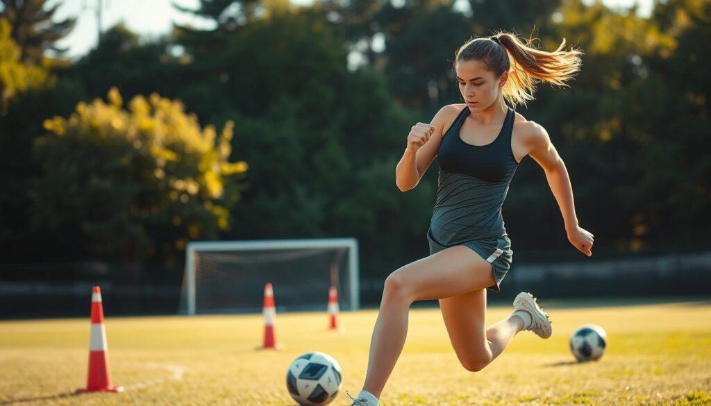 A determined female soccer player training in a dynamic setting, showcasing her fitness regimen. In the foreground, she's mid-action, performing a powerful kick or sprinting with a focused expression, wearing a fitted athletic top and shorts. Her hair is tied back, emphasizing her dedication. In the middle ground, training equipment like cones and soccer balls are strategically placed, illustrating the setup of a fitness training session. The background features a lush green soccer field under bright, golden hour lighting, casting soft shadows. The angle captures her in a slight upward perspective, reinforcing her strength and determination. The atmosphere is energetic and motivational, emphasizing a progressive training journey for new enthusiasts.