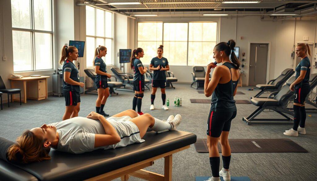A dynamic scene showcasing diverse female soccer players in a state-of-the-art training facility, engaged in various recovery protocols post-match. In the foreground, one player relaxes on a therapy table, receiving treatment with a foam roller, while another performs stretching exercises on a yoga mat, both wearing professional athletic attire. In the middle ground, a small group of players hydrate and discuss recovery strategies near a hydration station, with sports drinks and healthy snacks visible. The background features a high-tech rehabilitation area with massage chairs and monitors displaying player data, illuminated by soft, natural lighting streaming through large windows. The atmosphere conveys focus, determination, and the essence of teamwork as elite athletes prioritize their recovery and well-being during a prestigious tournament.