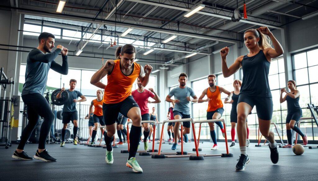 A dynamic scene showcasing elite soccer fitness, focused on a group of athletes engaged in intense strength and conditioning drills. In the foreground, a diverse team of male and female soccer players, dressed in professional athletic wear, performs various exercises such as weightlifting, plyometrics, and agility drills. The middle ground features state-of-the-art gym equipment and training tools like resistance bands and hurdles, emphasizing a modern training environment. The background displays a bright, spacious training facility with large windows allowing natural light to flood in, creating a motivational atmosphere. The image captures a sense of determination and teamwork, with an emphasis on physical endurance and dynamic movement, shot from a low angle to highlight the intensity of the workout. The ambiance is energetic and inspiring, ideal for showcasing the peak physical preparation of elite athletes.