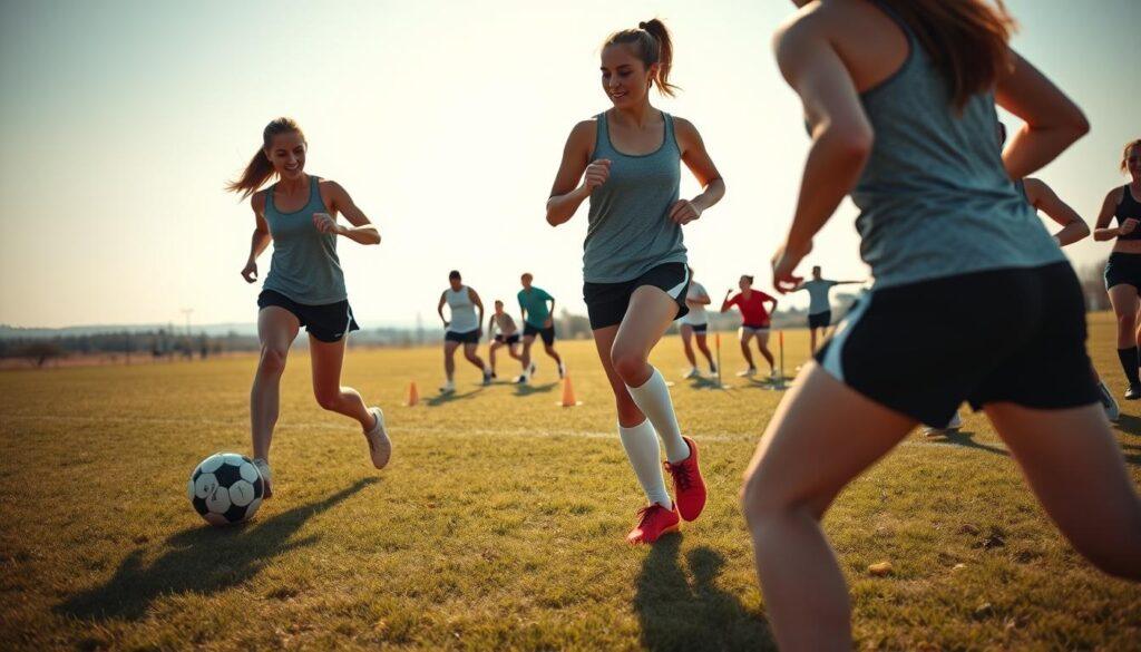 A vibrant soccer training scene featuring a group of beginner women athletes, aged 18-45, engaged in a dynamic workout session on a grassy soccer field. In the foreground, two women in modest athletic wear, such as tank tops and shorts, practice dribbling and passing a soccer ball, demonstrating their enthusiasm and determination. In the middle ground, another group is performing agility drills with cones and small hurdles, showcasing teamwork and camaraderie. The background includes a panoramic view of a sunny sky and distant trees, creating an uplifting atmosphere. Bright, natural lighting accentuates the energy of the moment, while a low-angle perspective captures the action from an engaging viewpoint. The overall mood is motivational and inspiring, emphasizing fitness and healthy living.
