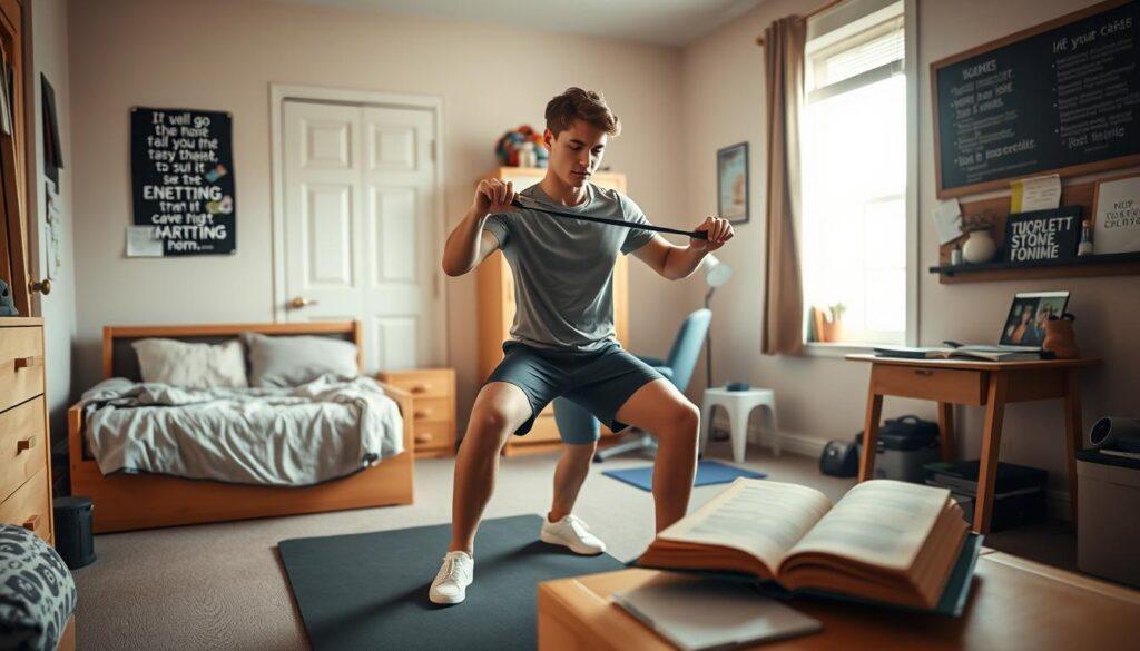 A cozy dorm room setting with a dual-career student athlete performing mobility exercises. In the foreground, a young adult in modest athletic wear, such as a fitted t-shirt and shorts, is using resistance bands while demonstrating a stretching routine. The middle ground features workout mats and an open textbook with notes, indicating a balance between academics and athletics. The background showcases a small desk with study materials and a bulletin board filled with motivational quotes. Soft, natural light streams through a window, creating a warm and focused atmosphere, with a shallow depth of field emphasizing the athlete in action. The overall mood is inspiring and dynamic, reflecting the dedication of student athletes managing both studies and fitness.