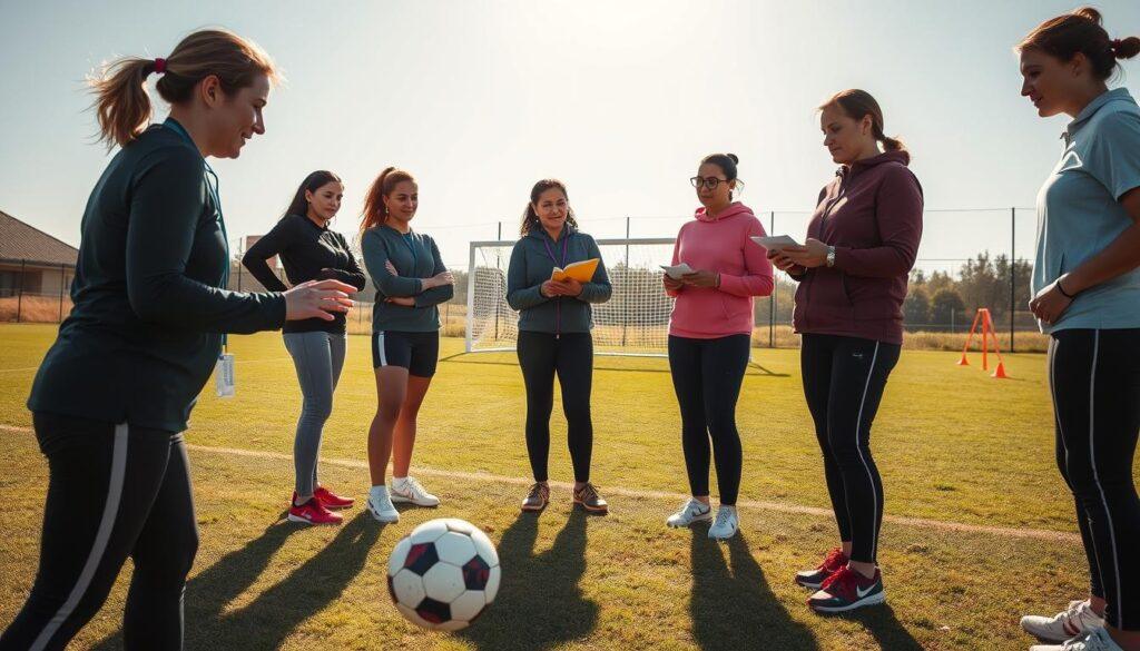A diverse group of women soccer coaches gathered on a training field, engaged in a dynamic discussion about drills and strategies. In the foreground, one coach demonstrates a drill with a soccer ball, wearing professional athletic gear and a whistle around her neck. The middle ground features two coaches taking notes and observing the demonstration, dressed in modest casual clothing, exuding a sense of commitment and teamwork. In the background, a soccer goal and cones mark the field, under a clear blue sky with soft sunlight illuminating the scene, creating a vibrant and inspiring atmosphere. The image captures the energy and camaraderie of women shaping the future of soccer.