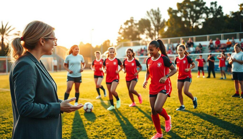 A diverse group of women soccer coaches in a dynamic training session, showcasing teamwork and leadership. In the foreground, a female coach in professional business attire discusses strategies with her players, emphasizing feedback language with friendly facial expressions. The middle ground features young female athletes in action, executing drills that illustrate inclusion and clarity in roles, with varying ethnicities and body types. The background captures a vibrant soccer field under warm, golden-hour lighting, with cheering teammates and supportive spectators. The atmosphere is empowering and collaborative, reflecting a strong culture of mentorship and inclusivity in women’s soccer. The composition uses a slightly lower angle to emphasize the coaches' leadership and the athletes' determination.