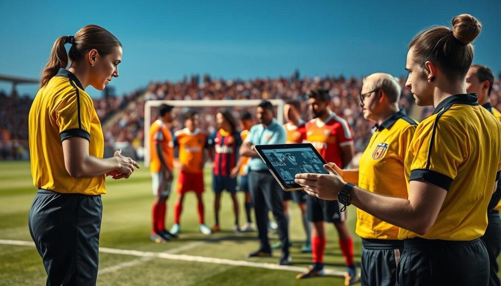 A dynamic and engaging scene depicting the "laws of the game" in a football context. In the foreground, a confident female referee in a professional black and yellow uniform is demonstrating VAR technology on a tablet, while a group of players in colorful team jerseys communicate with their captains. In the middle ground, a diverse group of officials is gathered, discussing the rules, with focused expressions. The background features a well-lit football field under a clear blue sky, with goalposts and an enthusiastic crowd in blurred motion. The atmosphere is tense yet collaborative, capturing the essence of teamwork and decision-making in sports. Bright lighting enhances the mood, emphasizing the importance of communication in the game.