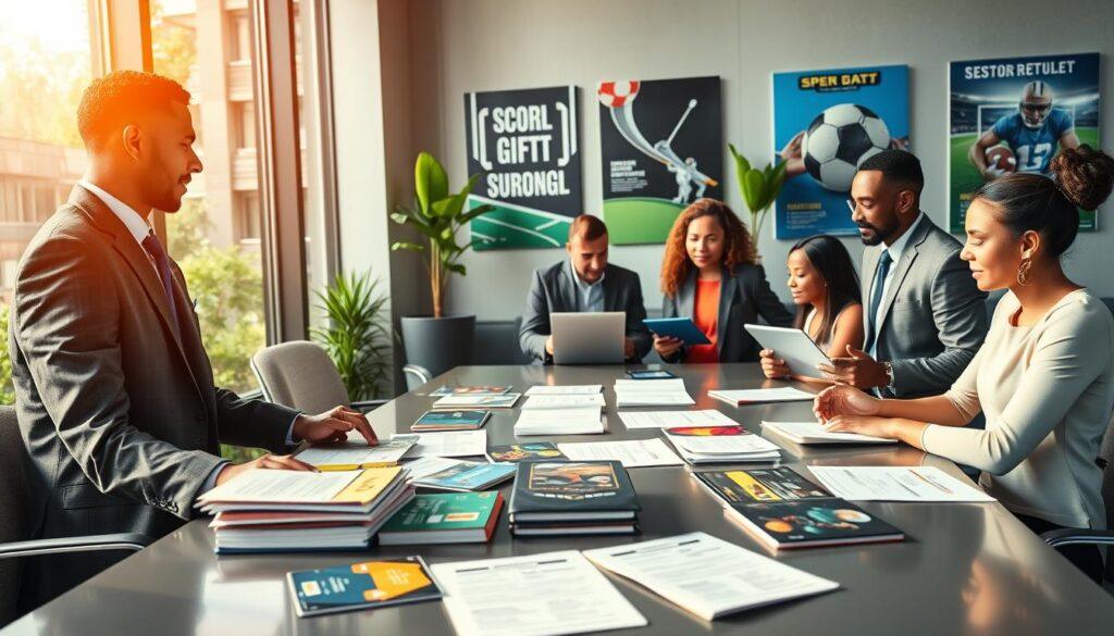 A dynamic scene showcasing a diverse group of former athletes in a modern office environment, actively engaging in coaching and networking activities. In the foreground, two well-dressed individuals, a male in a tailored suit and a female in smart business attire, are having a focused conversation, exchanging ideas amidst a spread of colorful portfolios and certification papers on a sleek conference table. In the middle, a small group is collaborating, one person using a laptop to create a professional website, while another presents a visually appealing digital portfolio on a tablet. The background features a large window with motivational sports posters and greenery, illuminated by warm, natural sunlight to evoke a positive and inspiring atmosphere, capturing the essence of building a successful post-athletic career.