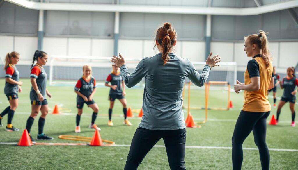 A dynamic soccer training scene featuring women coaches conducting a practice session in a well-designed sports facility. In the foreground, two women in professional athletic attire are demonstrating drills to a group of eager young female athletes, showcasing their coaching techniques with clear communication and enthusiasm. The middle ground includes cones, goals, and agility ladders set up for a structured warm-up and tactical drills, reflecting a well-thought-out practice architecture. The background reveals a bright and modern soccer field, with natural daylight illuminating the scene and creating an energetic atmosphere. The angle captures the action from slightly above, allowing for a comprehensive view of the practice layout, highlighting the coaches’ leadership and the collaborative learning environment. The overall mood is motivational and empowering, illustrating the culture of women’s soccer coaching.