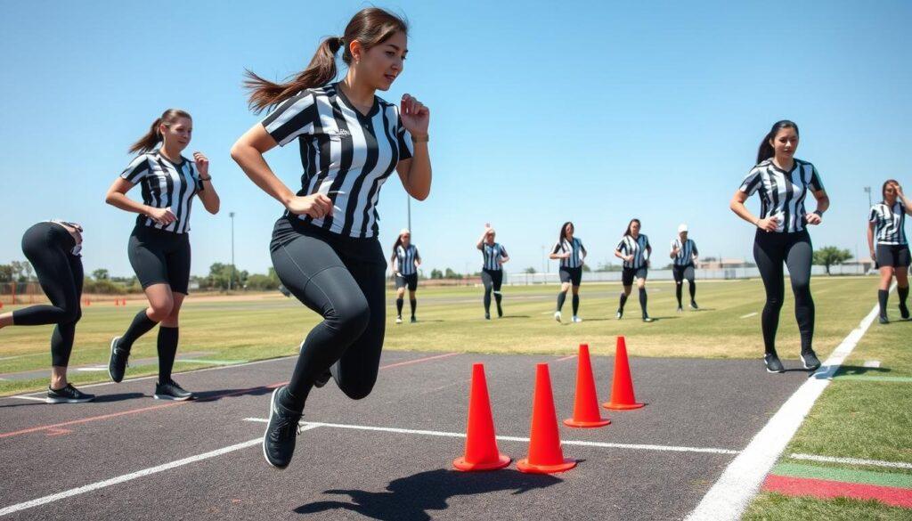A group of determined women referees in professional athletic wear participating in a fitness test on an outdoor track field, emphasizing interval sprints and agility drills. In the foreground, one referee is sprinting energetically towards a set of colorful agility cones, while another is timing the activity with a stopwatch. The middle ground features additional referees engaged in various exercises, such as lateral shuffles and high-knees, showcasing their strength and focus. The background includes a clear blue sky and a well-maintained grassy field, adding a sense of openness and vitality. The lighting is bright and natural, casting soft shadows, capturing an energetic and inspiring atmosphere, highlighting their commitment to fitness and excellence in officiating.