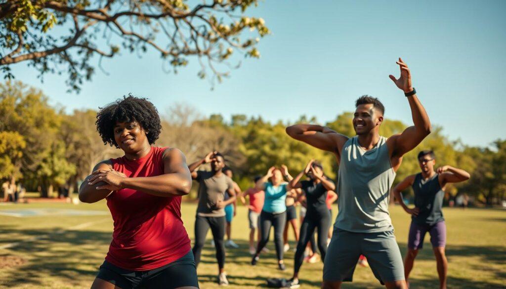 A group of former athletes engaged in a vibrant outdoor exercise session, showcasing their commitment to health and community. In the foreground, two diverse individuals in professional athletic wear demonstrate partner stretches, embodying teamwork and encouragement. The middle ground features a small circle of participants performing a dynamic workout, radiating energy and motivation, with a focused expression on their faces. In the background, a sunny park scene filled with trees and a clear blue sky enhances the atmosphere of positivity and wellness. The lighting is warm, casting gentle shadows, creating a welcoming and inspiring mood. The angle captures the action from a slightly elevated perspective, emphasizing the collaborative spirit of the alumni in their fitness journey.