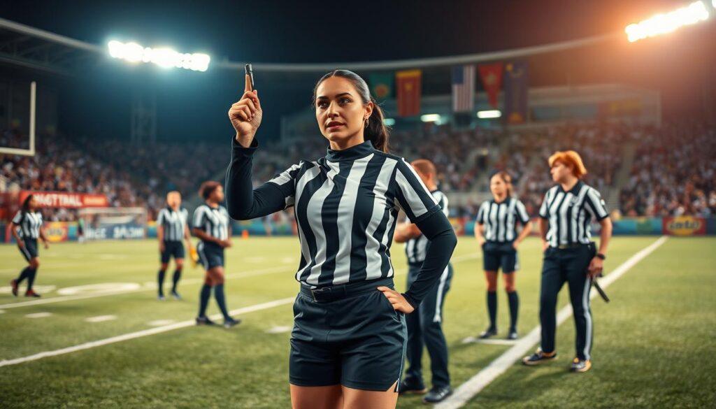 A powerful scene showcasing women referees breaking barriers in sports. In the foreground, a confident female referee in a crisp black and white uniform holds a whistle, her expression determined and focused. She stands with authority on a bright, freshly marked field, signaling a call during an intense game. In the middle ground, other women officials of diverse backgrounds actively engage with players and coaches, fostering teamwork and respect. The background features a vibrant stadium atmosphere with cheering fans, colorful banners, and bright floodlights shining down, illuminating the scene. Capture the excitement and empowerment within this moment, highlighting resilience and progress in sports leadership. The image should convey a sense of determination and hope, with a dynamic composition that emphasizes action and camaraderie.