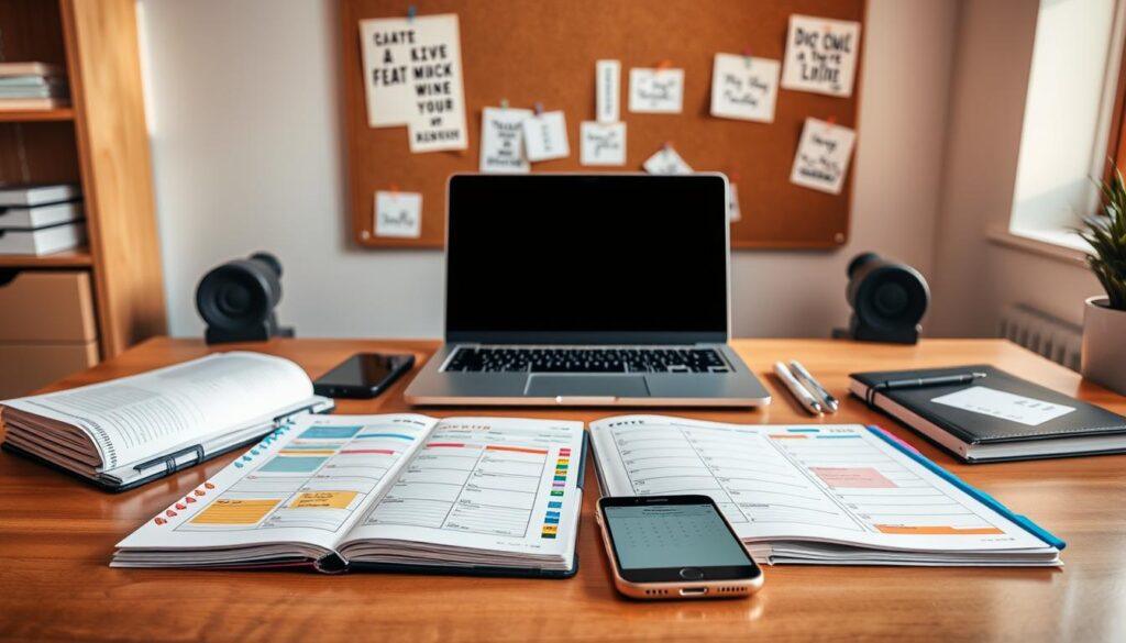 A productivity toolkit designed specifically for dual career student athletes, arranged neatly on a modern wooden desk. In the foreground, various planners and scheduling books with colorful tabs and notes spread open, showcasing a well-organized study session. A smartphone lays beside them, displaying a calendar app with reminders. In the middle, a sleek laptop emits a warm glow, casting soft light over the workspace, suggesting a dedicated study environment. In the background, a wall-mounted corkboard with pinned motivational quotes and schedules emphasizes the balance between academics and athletics. The atmosphere is bright and inspiring, with natural light streaming in from a window, creating a focus-enhancing ambiance. The scene captures dedication and productivity without clutter, perfect for showing the tools used in time management and self-care.