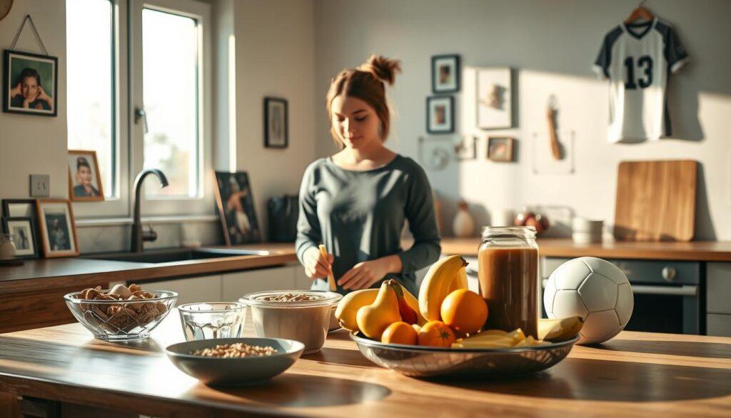 A serene kitchen setting during early morning light, showcasing a mother dressed in modest active wear preparing a nutritious breakfast. In the foreground, a breakfast table is set with colorful fruits, whole grains, and a smoothie, symbolizing healthy nutrition. In the middle, the mother is focused, looking content as she prepares a meal, while a soccer ball rests nearby, hinting at her athletic lifestyle. Soft sunlight filters through a window, casting gentle shadows and highlighting the warmth of the scene. In the background, a glimpse of family photos and a soccer jersey hangs on the wall, evoking the theme of family and sports. The overall mood is calm and nurturing, reflecting the balance between health, family, and athletic commitments.