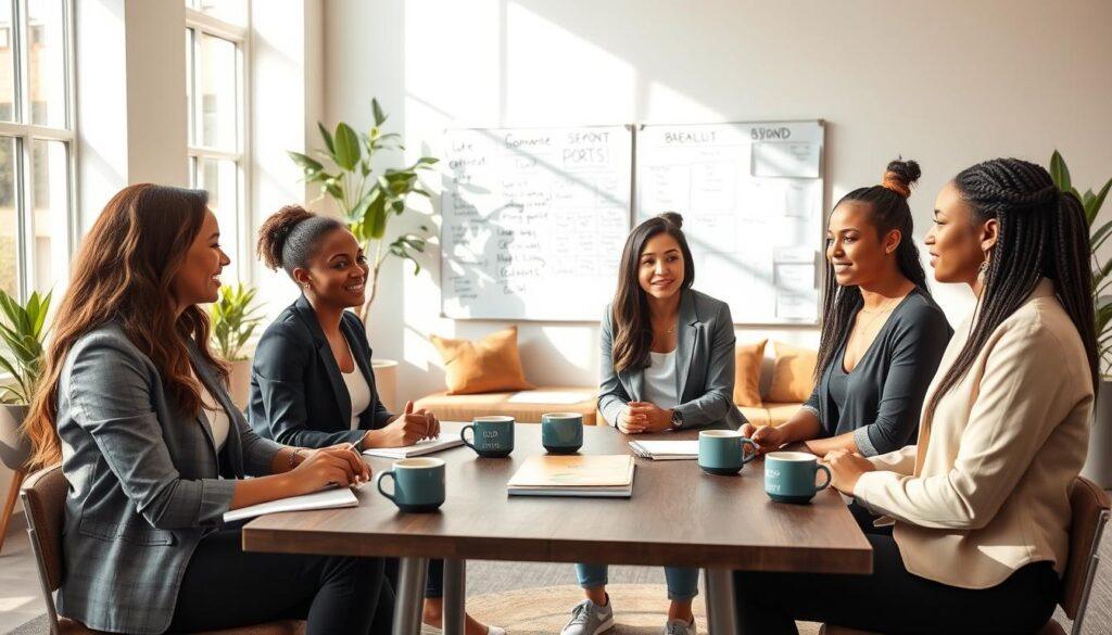 A serene setting featuring a diverse group of student-athlete women engaged in a supportive mental health study group. In the foreground, three women, dressed in smart casual attire, are seated at a table covered with notebooks and cups of herbal tea, discussing their thoughts. One woman is taking notes, another is listening intently, while the third is encouragingly contributing. In the middle ground, a whiteboard filled with positive affirmations and goal charts is prominently displayed, symbolizing their journey beyond sports. The background reveals a sunlit university study lounge, with plants and soft cushions that create a warm, inviting atmosphere. Soft natural lighting pours in through large windows, casting gentle shadows, enhancing the mood of connection and support.