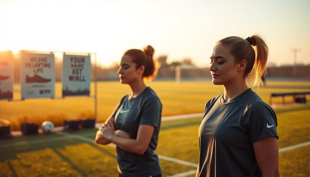 A serene training environment focusing on sports psychology in women's soccer. In the foreground, a determined female athlete in modest athletic wear practices mental visualization techniques, surrounded by motivational posters. In the middle ground, a sports psychologist guides her in deep breathing exercises, emphasizing calmness and recovery. The background features a soccer field illuminated by golden hour sunlight, highlighting the importance of rehabilitation and mental strength. The mood is hopeful and inspiring, showcasing resilience and dedication to overcoming injuries. Soft focus on the field creates a sense of depth. The scene captures the essence of strength, recovery, and psychological empowerment during the rehabilitation process, symbolizing progress and inspiration in women's sports.