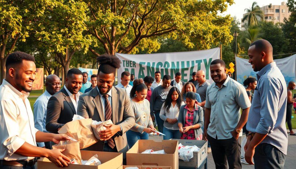 A series of diverse former athletes, both men and women of varying ethnicities, are engaged in impactful community service activities in a vibrant urban park. In the foreground, two players in professional business attire are volunteering at a food drive, sorting donations with smiles on their faces. In the middle, a diverse group gathers around a community art project, painting murals that promote social unity, while others assist local children in a skill-building workshop. In the background, banners promoting community events flutter in the gentle breeze, and trees provide a lush, green backdrop under a warm golden hour light. The atmosphere is uplifting and collaborative, conveying a sense of hope and social responsibility, captured with a wide-angle lens to embrace the collective energy of the scene.
