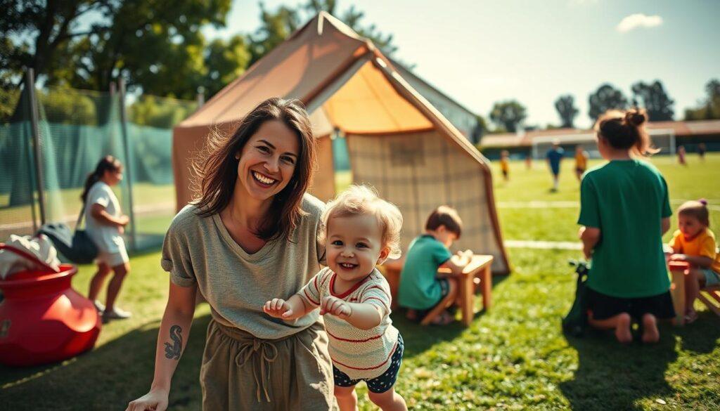 A vibrant scene at a football tournament's childcare area, showcasing mothers balancing family and sports. In the foreground, a cheerful mother in modest casual clothing plays with her young child, enriching the playful atmosphere. The middle ground features a cozy tent set up by the tournament, where other children are engaged in creative activities with attentive sitters, exhibiting a supportive network among the mothers. In the background, a lively football match unfolds, with a clear sunny sky, highlighting the energetic spirit of the event. The lighting is bright and warm, capturing the joy and community spirit of family-oriented support in sports. The angle is slightly elevated, enriching the view of the interconnected childcare environment, emphasizing teamwork and belonging.