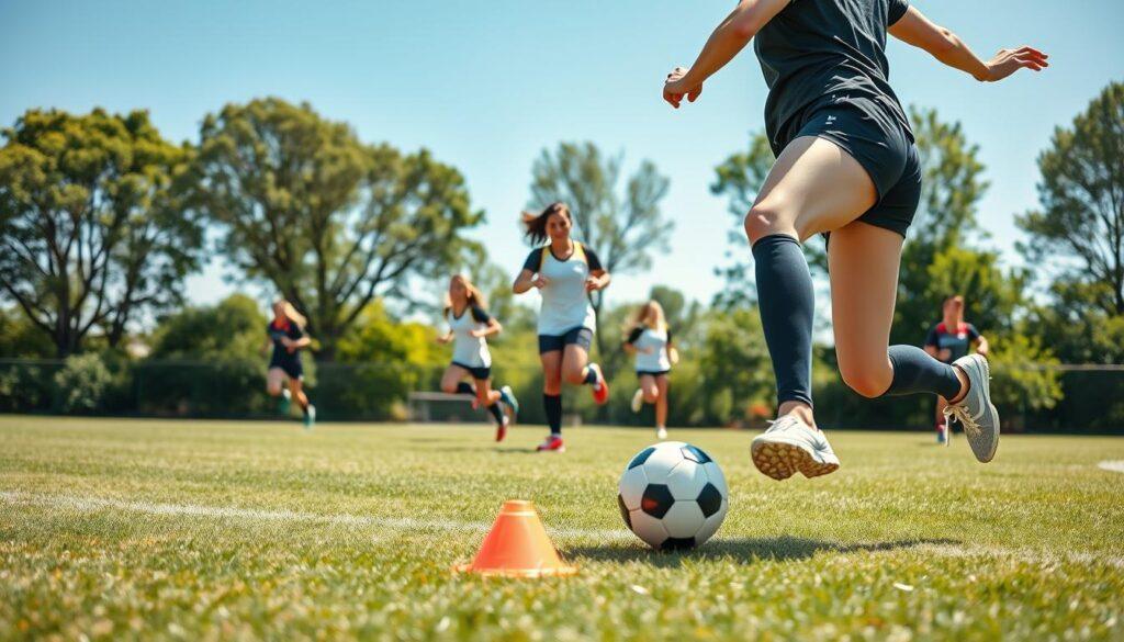 A dynamic scene capturing the speed and agility mechanics in soccer, featuring female athletes in modest athletic gear performing drills on a well-maintained soccer field. In the foreground, a determined player is executing a quick change of direction, with her foot poised above a cone, demonstrating sharpness and precision. The middle background presents additional players running through their own agility drills, showcasing various movements like lateral shuffles and quick sprints. The background features green trees and a clear blue sky, providing a vibrant atmosphere. The lighting is bright and even, simulating a sunny afternoon. This image conveys high energy and focus, emphasizing the core principles of speed drills and agility mechanics in women's soccer.