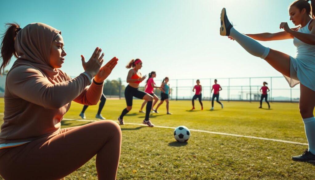 A dynamic scene showcasing diverse women engaged in intense fitness routines inspired by legendary soccer players. In the foreground, a female athlete in modest athletic wear performs a powerful squat, displaying focus and determination. To the right, another woman is seen executing a high-knee drill, emphasizing agility and speed. In the middle ground, a small group of women showcase various exercises, including lunges and resistance band workouts, demonstrating scalability for different fitness levels. The background features a vibrant outdoor soccer field, with a clear blue sky and soft sunlight illuminating the scene, casting gentle shadows that enhance the sense of motion. The overall atmosphere is energetic and motivational, embodying empowerment and dedication to fitness.