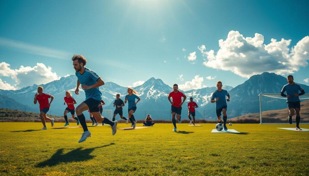 A dynamic scene showcasing fitness habits specifically for soccer players, with a focus on altitude training, speed drills, endurance workouts, and recovery routines. In the foreground, a group of athletes in professional soccer attire engaged in intense training activities, such as sprinting and interval runs on a grass field. The middle ground features a serene recovery area with yoga mats and hydration stations, symbolizing balanced routines. The background captures a striking mountain landscape representing altitude training, under a bright blue sky. Dramatic sunlight filters through clouds, illuminating the athletes and creating a vibrant, energetic atmosphere that inspires dedication and teamwork. The image should evoke passion for fitness and the spirit of the game, with a focus on professionalism and dedication.