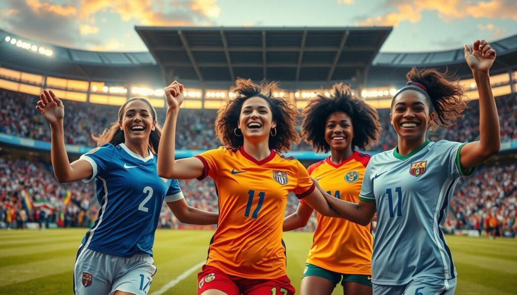 A vibrant scene capturing iconic women soccer players from around the globe, exuding confidence and camaraderie. In the foreground, three diverse players in professional soccer attire celebrate a goal, showcasing distinct cultural elements through their jerseys and hairstyles. The middle layer features a lively crowd of enthusiastic fans adorned with flags and wearing team colors, contributing to a festive atmosphere. In the background, a spectacular soccer stadium filled with colorful banners under bright stadium lights. The image is shot from a low angle, emphasizing the players’ joyous expressions against a stunning sunset sky. The overall mood is energetic and uplifting, focusing on unity, celebration, and leadership in women's soccer.