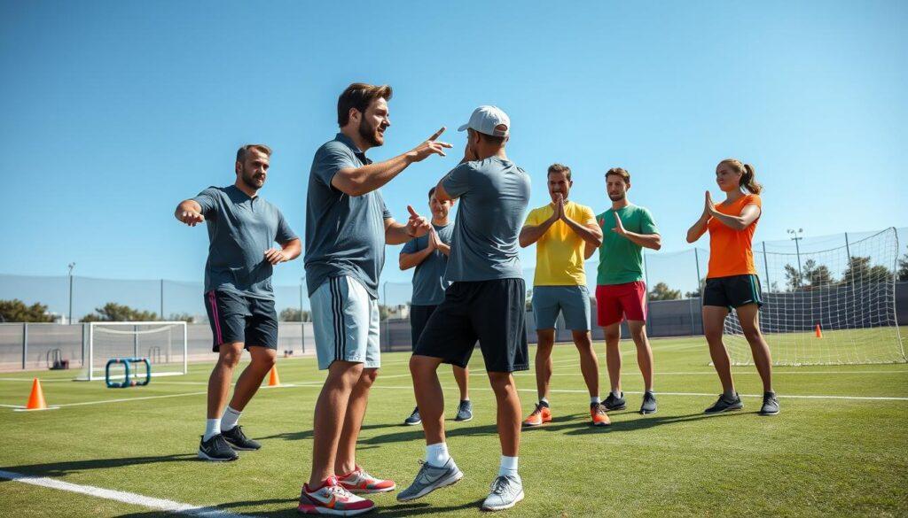 A vibrant sports training scene depicting a diverse group of adult players engaged in a focused, energetic practice session on a sunny afternoon. In the foreground, a male coach, wearing a polo shirt and shorts, demonstrates proper warm-up techniques to a group of four adults dressed in casual athletic wear, emphasizing camaraderie and learning. The middle ground features various training equipment like cones, balls, and nets, arranged neatly around the field. In the background, a clear blue sky fills the scene with natural light, illuminating the refreshing atmosphere of an outdoor sports complex. Capture the sense of motivation and teamwork, showcasing the essence of integrating professional training habits into regular recreational schedules. The angle of the shot should be slightly elevated, providing a comprehensive view of the action while creating an engaging, inspiring mood.